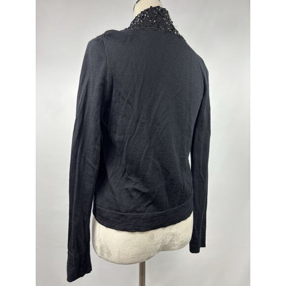 J Crew Wool Cardigan Black Medium Sequin Shawl Neck Cropped Long Sleeve - Picture 3 of 10